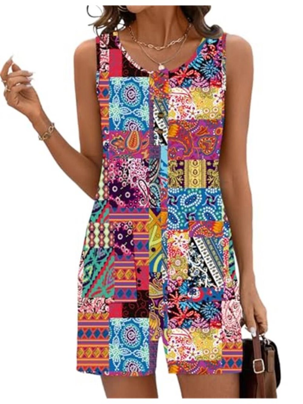 Boho Patchwork Print Romper Women’s Sleeveless Summer Jumpsuit Pockets